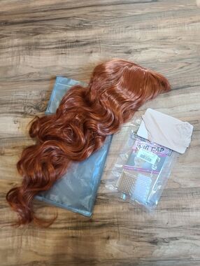 Ginger Orange Wavy Wig W/ Wispy Bangs 24in Long Heat Resistant Synthetic